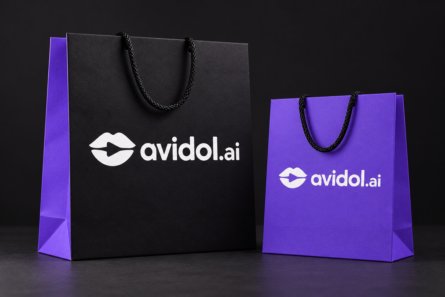 紫色與墨黑展會提袋上的白色 avidol.ai 標誌
