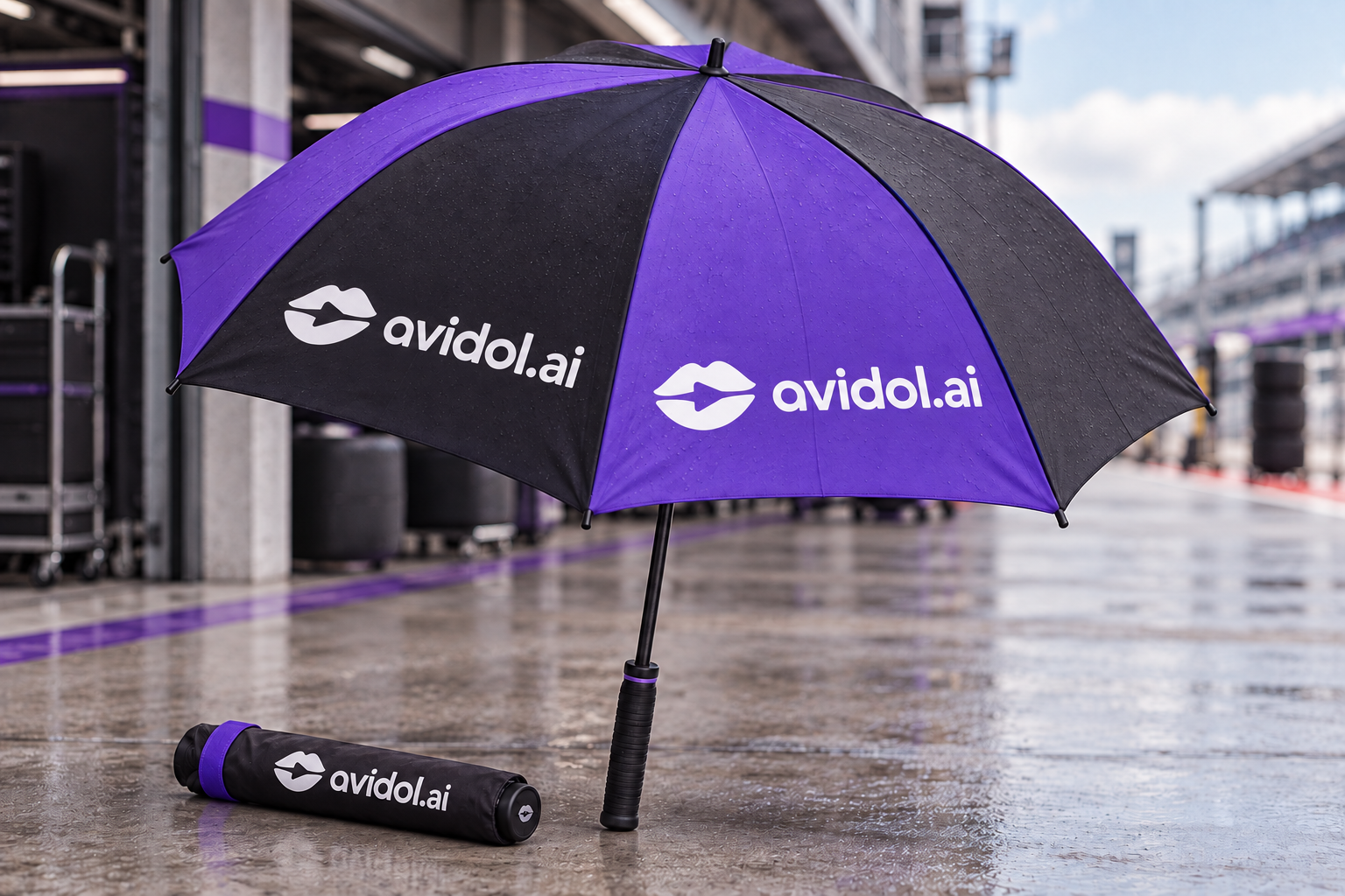 紫黑相間賽車洋傘上的白色 avidol.ai 標誌